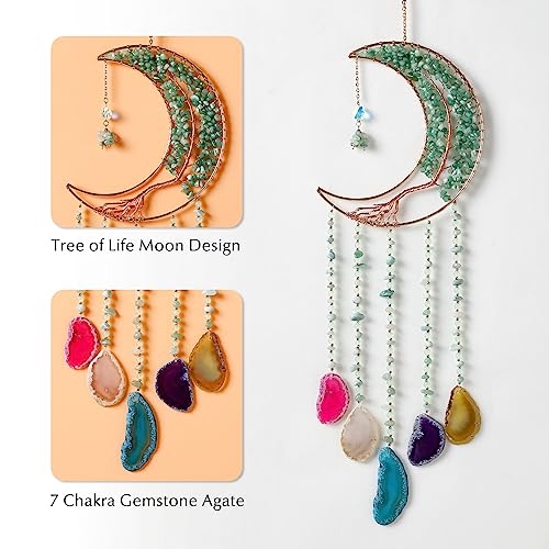 Agate Gemstone Dream Catcher 7 Chakra Tree of Life Dream Catcher with Rainbow Crystal Stones Handmade Dreamcatcher Wall Decor for Adults Boys Girls,Bedroom,Wedding,Garden,Bless Gift(Green Moon) - color: Green Moon Agate
