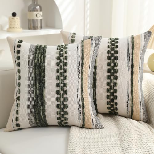 Boho Pillow Covers 18x18 Set of 2 for Couch-Modern Farmhouse Sofa Green Decorative Throw Pillow Covers Textured Chenille Cushion Covers Outdoor Netural Bohemian Bed Pillow Cases Square - color: Dark Green Stripe