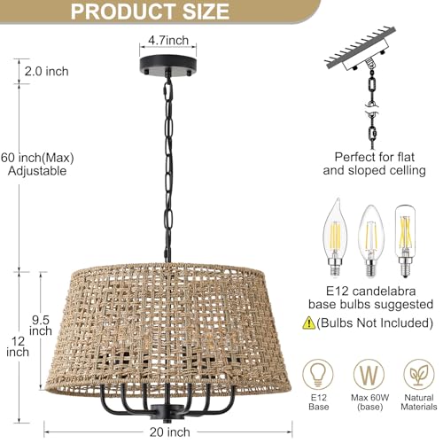 20"Rattan Large Boho Chandelier Ceiling Light Fixture, 6-Light Farmhouse Wicker Hand-Woven Chandelier Rattan Ceiling Pendant light Fixture for Dining Room Bedroom Hallway Kitchen Island(Black) - color: Black 6-Light 20" T-Shape