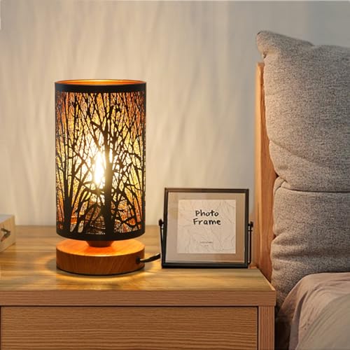Small Industrial Table Lamps Dimmable, Bedside Lamps for Nightstand,End Table Side Desk lamp with Rustic Black Metal Cage Lampshade for Bedroom, Kids Room Living Room - color: TREE