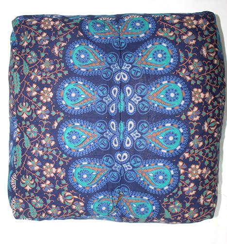 INDIAN CRAFT CASTLE Mandala Mandala Barmeri Large Floor Pillow Cover Cushion Meditation Seating Ottoman Throw Cover Hippie Decorative Zipped Bohemian Pouf Ottoman Cases (Blue, 16" Square) - color: Blue, size: 16"D x 16"W x 5"H