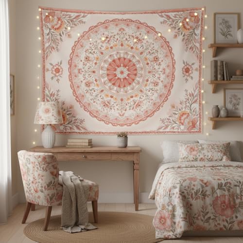 Motanber Pink Mandala Tapestry Wall Hanging Boho Floral Tapestry Aesthetic Watercolor Flower Medallion Cute Small Tapestries for Bedroom Living Room Dorm Decor 48 x 36 Inch - color: Peach Pink, size: 48"L x 36"W