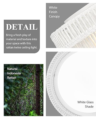 Rattan Light Fixtures Ceiling Mount, HWH 15W LED Flush Mount Ceiling Light 13'' Boho Twine Light Fixtures Coastal Lighting Fixtures, White Finish, 5HYS78F-LED WH - color: White, size: 13 Inch