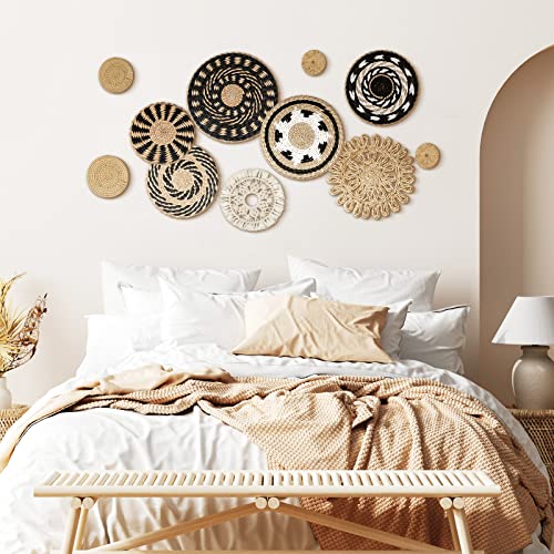 Tatuo 11 Pcs Boho Wall Basket Decor Bulrush Woven Wall Hanging Art Round Farmhouse Rustic Handmade Wicker for Summer Home, Bedroom, Living Room, Kitchen Decorations, Multi Sizes(Boho) - style: Bohemian