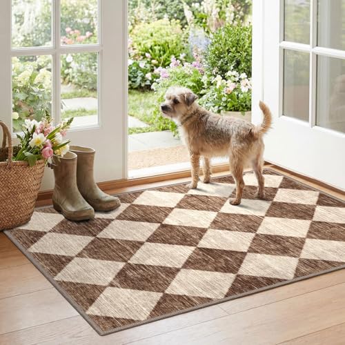 Checkered Entryway Rug - 28" x 43" Small Front Door Mat Indoor Outside Entrance Non-Slip Washable Outdoor Mat Rustic Brown Beige Modern Farmhouse Rug for Entryway Kitchen Bedroom Porch Decor - color: Diamond - Brown Beige, size: 2'4" x 3'7" (Rectangular)