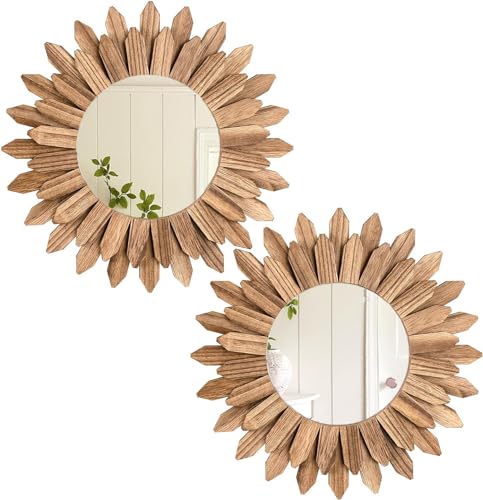 LOSOUR 2 Pack Boho Wall Decor Sunburst Mirror 12 inch Rustic Round Wood Mirror Boho Mirror Farmhouse wall Decor for Bedroom Living Room Entryway