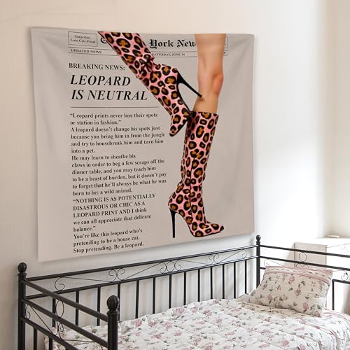 WNAGT Trendy Leopard Print Newspaper Tapestry Wall Hanging, Cheetah Room Decor, Modern Hot Girl Fashion Aesthetic Blanket Decor for Girls Room Dorm Apartment Office, 50x60 Inch