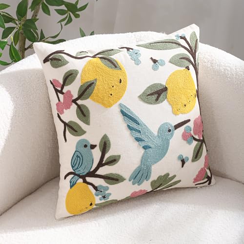 Lemon Pillow Covers 18x18 Pack of 2 Blue Birds with Green Leaves Embroidered Throw Pillow Covers Floral Pillowcases Boho Pillow Cushion Cases Flower Pillow Case Summer Decor - color: Birds&lemons