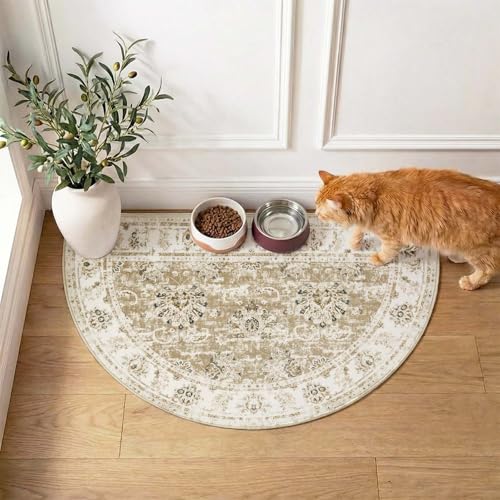 jinchan Fiora Washable Small Area Rug, 2x3 Half Circle Floral Entryway Rug, Low Pile Half Moon Doormat Soft Non Slip Dirt Trapping Carpet for High Traffic Kitchen Bathroom Vanity, Distressed Taupe - color: Distressed Taupe, size: 1'9" x 3' (Semicircular)