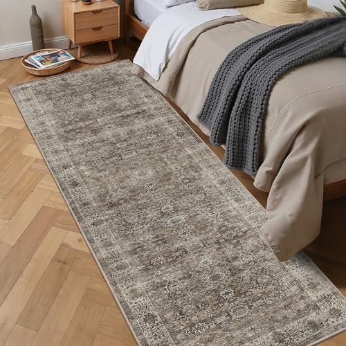 2x5 Brown Grey Vintage Washable Runner Rugs for Hallway Kitchen Boho Hallway Carpet Low Pile Non-Slip Retro Distressed Accent Throw Rug for Entryway Bathroom Bedroom - color: Brown Grey, size: 2'*5'(Runner)