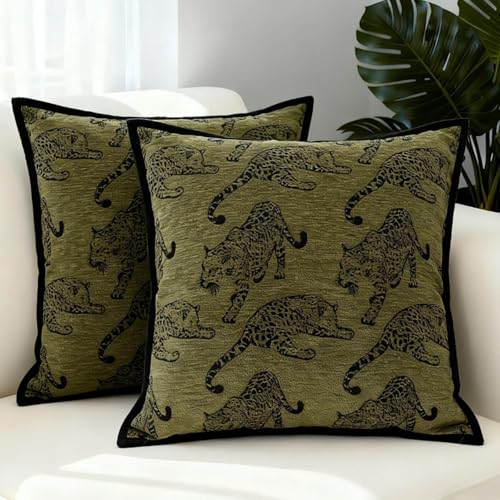 Mantle & Mason Leopard Throw Pillow Covers 18x18 Set of 2 Cheetah Decorative Pillow Covers for Couch Bed Living Room Mid Century Modern Soft Cushion Covers Dark Green - color: Leopard Green, size: 18" x 18" (Pack of 2)