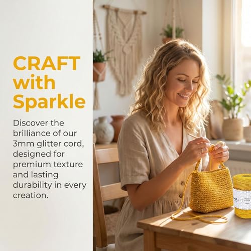 3mm Sparkle Polyester Macramé Cord - 150g/66yds Metallic Glitter Braided Cord for Crocheting Bags, Baskets, Macramé Plant Hangers & DIY Crafts, Machine Washable (7#Yellow Gold) - color: 7#yellow Gold