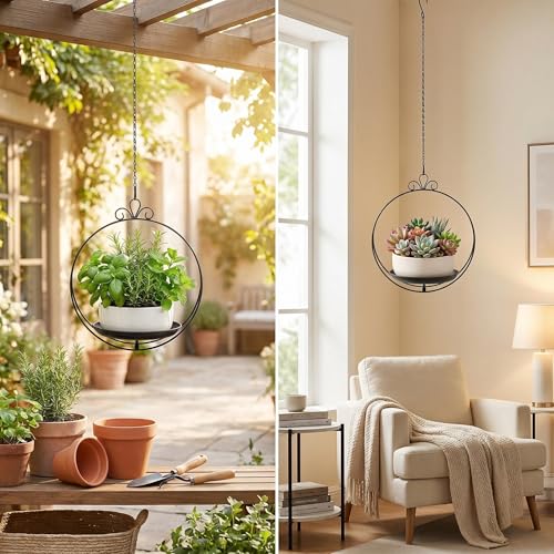 Hanging Planters for Indoor Plants, 2 Pack Metal Wall Ceiling Window Plant Hangers Kit with Trays and Chains for Succulents Pothos Herbs Balcony Patio Living Room - style: hanging planter tray