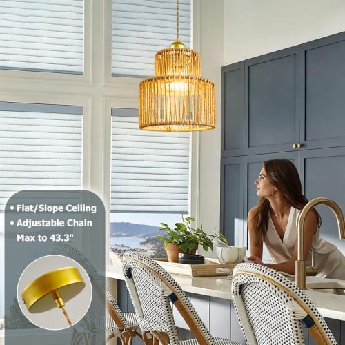 7.9″ Rattan Pendant Light Fixture Boho Woven Chandelier Ceiling Pendant Light Round Adjustable Hanging Lamp for Dining Room Kitchen Island Hallway Bedroom - color: 7.9″