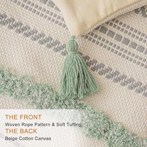 Boho Throw Pillow Covers 12x20 Set of 2 Woven Tufted Farmhouse Pillows Cover with Tassels Textured Striped Cushion Case Lumbar Pillow Cases Decorative Pillowcase for Sofa, Couch, Bed, Light Green - color: Light Green, size: 20" x 12" (Pack of 2)