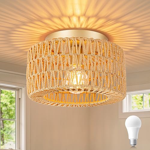 SineRise Rattan Ceiling Light Fixtures (12-Inch, LED Bulb Included), Hand-Woven Boho Flush Mount Ceiling Light, Rattan Chandelier for Hallway Kitchen Farmhouse Foyer Entryway Living Room(Gold) - color: Gold, size: Small