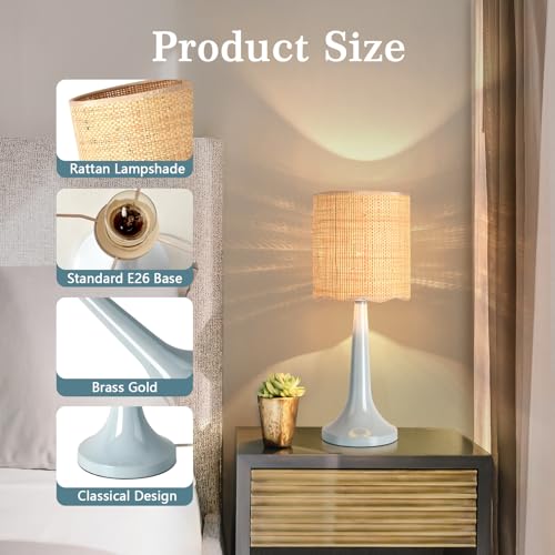 Light Blue Rattan Small Table Lamp for Bedroom, Light Blue Wicker Lamps for Bedside Nightstand, Rattan Shade Small Table Shape Lamps for Small Spaces for Kitchen Counter, Home Office, Living Room - color: Blue