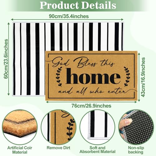 2 Pcs Coir Door Mat Welcome Mats for Front Door Black White Striped Layering Rug for Porch Outdoor Entrance Doormats Non Slip God Bless Matt for Religious Gifts Christian Rugs for Patio 23.6"x35.4" - color: 2 Pcs Coir Home