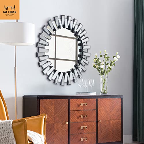 BST FURNH Round Mirror Wall Decor 24 Inches Decorative Wall Mirror with Irregular Framed and Beveled Edge Mirrors for Wall Silver Large Wall Mirror Frameless Mirrors - color: 3d Mirror