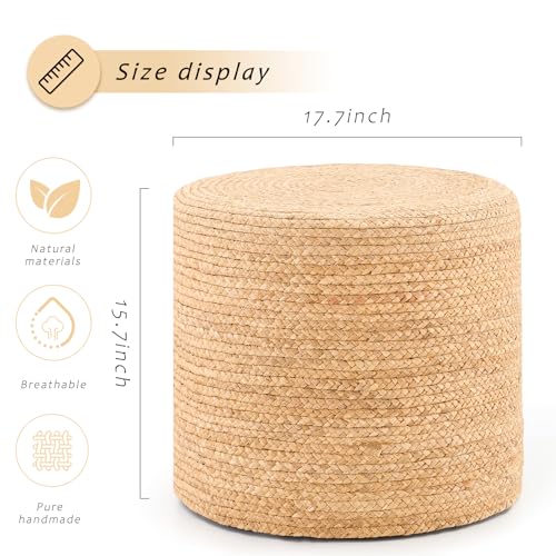 Handwoven Ottoman Pouf, Natural Water Hyacinth Footstool, Round Braided Outdoor Seat with Sturdy Frame, Boho Accent Stool for Patio, Balcony, or Garden (Natural) - color: Natural, size: 17.7"D x 17.7"W x 15.7"H