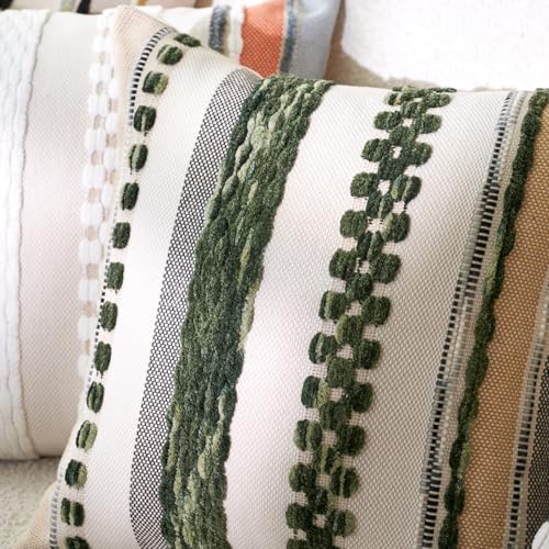 Aeckself Boho Throw Pillow Covers 18x18 Inch Set of 2, Farmhouse Decorative Striped Square Pillow Covers Chenille Tufted Pillow Cases Accent Neutral Pillowcase for Living Room Couch Bed, Dark Green - color: Dark Green
