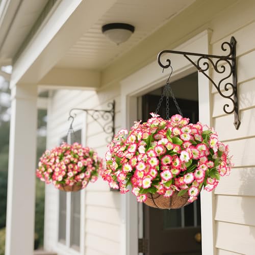 Ammyoo Artificial Hanging Flower Plants with Basket for Outdoor Decoration, Faux Petunias Flowers Fake Morning Glories Planter for Outside Patio Garden Porch Balcony Yard Decor(Pink) - color: Pink