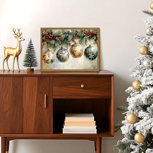 Framed Vintage Christmas Canvas Wall Art, Vintage Christmas Ornament Ball Wall Decor Paintings, Rustic Winter Holiday Pictures Prints for Living Room Bedroom Home Decoration 12x16 inch - color: Christmas-1, size: 16"L x 12"W