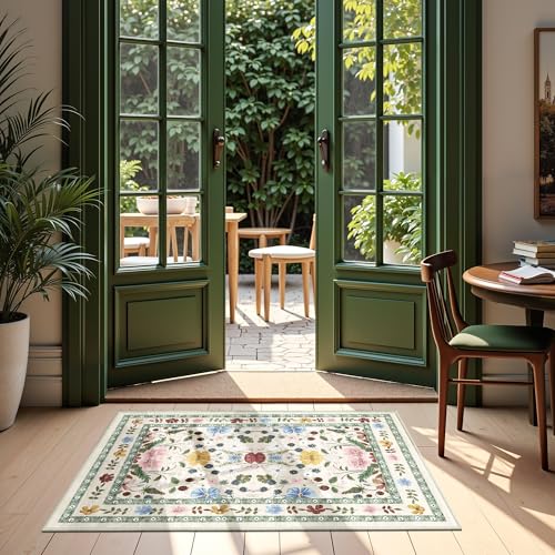 Deerly Floral Entryway Rug 2x3 Small Vintage Boho Bathroom Door Mat Washable Non-Slip Soft Low Pile Thin Indoor Carpet Home Decor for Kicthen Entrance Farmhouse Throw Rug, Beige/Green/Multi - color: Beige/Green/Multi, size: 2' x 3' (Rectangular)