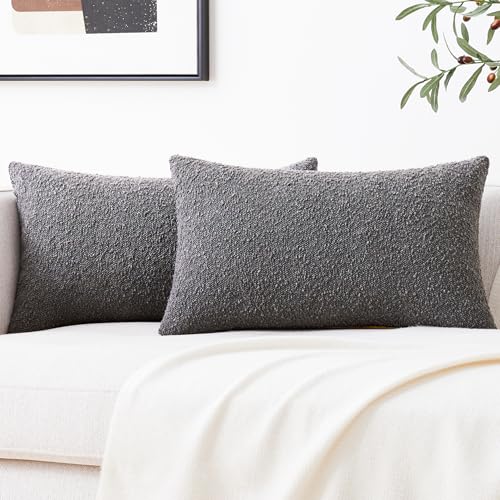 Mixhug Decorative Boucle Throw Pillow Covers, Dark Gray, 12 x 20 Inches, Pack of 2 - Textured Boho Pillow Covers for Couch and Bed - color: Dark Gray, size: 20" x 12" (Pack of 2)