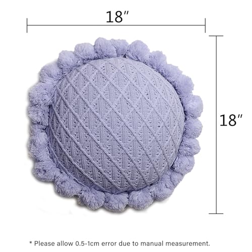 Acrylic Knitted Round Throw Pillow Knitting Bohemian Circular Cushion Pillow with Knit Handmade Pompoms Decorative Romantic Purple, Diameter 18inches - color: Romantic Purple