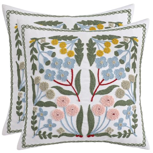 Embroidered Throw Pillow Covers 18x18 Pack of 2 Decorative Pillow Covers Blue Floral Pillowcases Farmhouse Pillow Cushion Cases Square Flower Pillow Case Summer Home Decor - color: Blue Floral