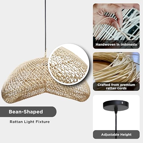 FOREVER BAMBOO Indonesia Handmade Natural Rattan Pendant Light Shade Wicker Light Fixtures Luxurious Bean Shape Woven Lampshade Chandelier Interior Decor, 12 in H x 24 in W - style: Sumba Pod