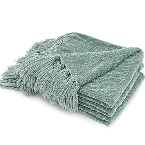 RECYCO Throw Blanket Soft Cozy Chenille Throw Blanket with Fringe Tassel for Couch Sofa Chair Bed Living Room Gift (Sage, 50'' x 60'') - color: Sage, size: 50'' X 60''