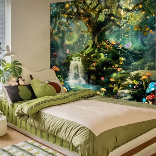 Tichgeim Forest Nature Tapestry Wall Hanging for Bedroom, Green Fantasy Tree of Life Backdrop Tapestries, Fairy Magic Mushroom Landscape Wall Mural Decor for Living Room Dorm 51in × 60in - color: Forest Tapestry, size: 60"L x 51"W