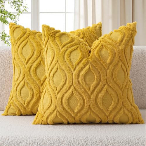 MIULEE Summer Mustard Yellow Throw Pillow Covers 18x18 Inch, Soft Plush Faux Wool Solid Couch Pillows Set of 2, Decorative Farmhouse Boho Cushion Covers for Sofa Living Room Bed Home Decor - color: Mustard Yellow, size: 18" x 18" (Pack of 2)
