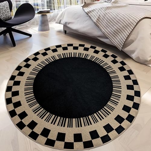 Easy Jute Checkered Rug, 5Ft Round Modern Indoor Outdoor Farmhouse Carpet, Washable Non-Slip Thin Neutral Floor Mat for Living Room Patio Kids Pets Room Playroom Home Office Kitchen, Black - color: Black Checker, size: 5'