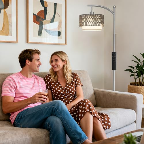 Ambimall Arc Floor Lamp for Living Room with Remote, Color Temperature & Brightness Adjustable, Boho Standing Lamp with Rattan & Fabric Double Drum Shades, Bulb Included(Deep Gray) - color: Deep Gray Rustic