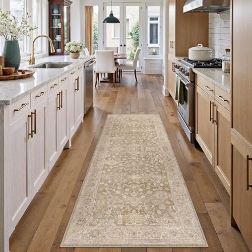 2x6 Taupe Washable Runner Rug for Living Room Bedroom Neutral Soft Floral Non Slip Runner Rug Lightweight Vintage Low Pile Distressed Runner Kitchen Hallway Porch Beside Bed Bathroom - color: Taupe, size: 2'x6'