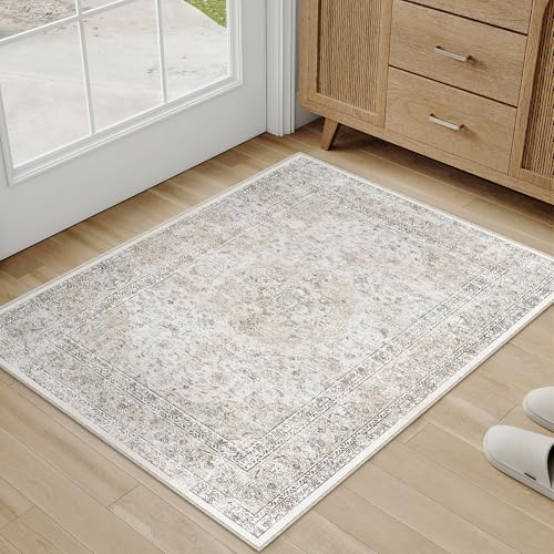 2x3 Washable Vintage Area Rug for Living Room Bedroom Beige Grey Soft Tranditional Non Slip Thin Throw Rug Lightweight Floral Low Pile Distressed Doormat Entrance Dinning Laundry Room Kitchen - color: Vintage | Beige Multi, size: 2'x3'