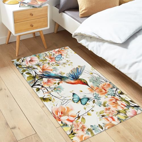 Spring Flowers Bird Area Rug 2x3 Summer Floral Hummingbird Butterfly Entry Rug Small Non-Slip Low Pile Porch Front Door Throw Rugs Entryway Carpet for Living Room Bedroom Holiday Decor - color: Flowers Hummingbird
