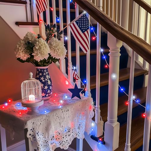 JMEXSUSS 200 LED 4th of July Fairy Lights, Red White and Blue Lights Indoor with Wheel, 8 Modes Remote Control Twinkle Patriotic Lights in for Independence Day American Flag Holiday - color: Red White Blue, size: 66FT 200LED
