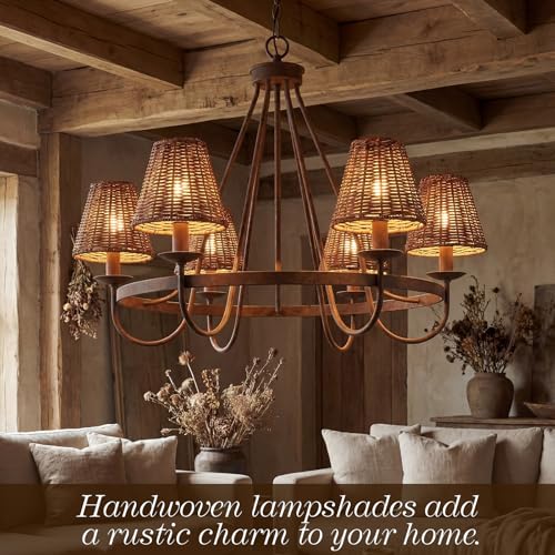 Set of 6 Rattan Lamp Shade Natural Rattan Clip-on Chandelier Lampshade Mini Handmade Woven Vintage Boho Farmhouse Wicker Table Light Cover for Candle Bulb (Round)