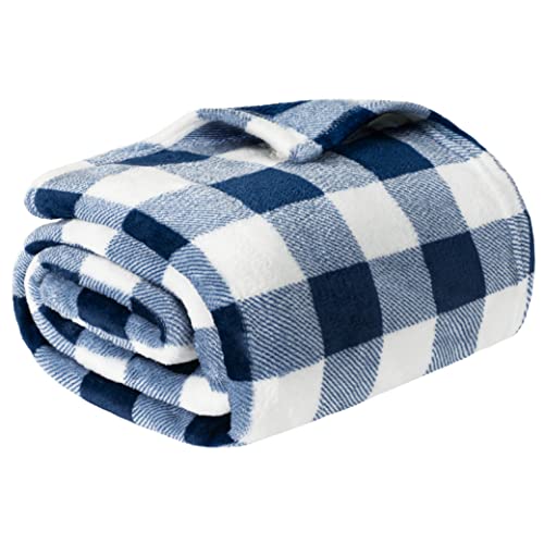 PAVILIA Buffalo Check Fleece Throw Blanket | Blue White Checkered Plaid Flannel Blanket | Soft Velvet Lightweight Microfiber Blanket for Couch Sofa | 50x60 Inches Checker Navy - color: Checker Navy, size: 50 x 60 Inches - Throw