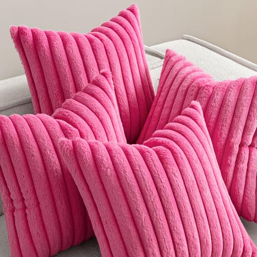MIULEE Faux Fur Plush Decorative Throw Pillow Covers 20x20 Set of 4, Modern Soft Fuzzy Striped Cushion Covers for Sofa Couch Bed Living Room Cozy Home Decor,Hot Pink - color: Hot Pink, size: 20" x 20" (Pack of 4)