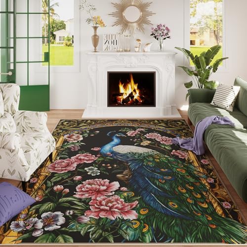 Area Rugs 8x10 Rug for Living Room Clearance Washable Floral Peacock Non Slip Vintage Low Pile Large Rug for Living Room, Bedroom, Farmhouse, Dining Room, Kids Playroom(Black)