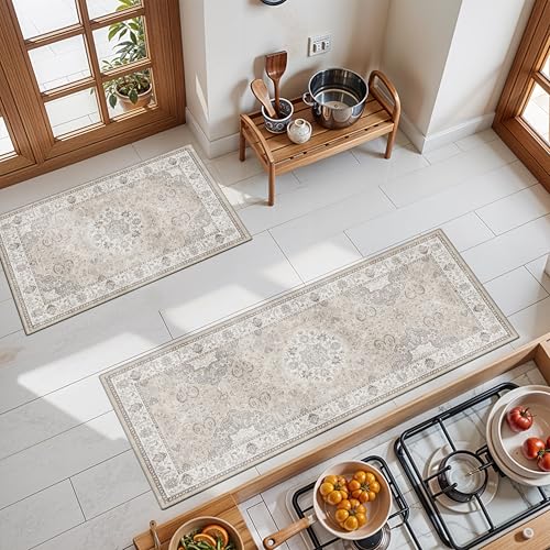2-Piece Kitchen Runner Rug Set: Washable Non-Slip Floor Mats for Sink & Stove Cooking Area Soft Low Pile Water-Resistant Carpet for Dishwasher Fridge Fronts Durable Kitchen Island Mats(2x3+2x4,Beige) - color: Beige, size: 2x3+2x4