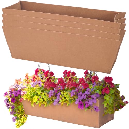 4 Pcs 24in Fabric Plant Window Box Liners Rectangle Non-Woven Planter Basket Liner Insert Brown for Outdoor Garden Fence Wall Railing Hanging Flower Pot, Moisture Retention - size: 24 Inches