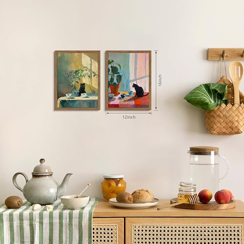 Framed Black Cat Wall Art Set of 2, Vintage Funny Cat Coffee Canvas Wall Decor Paintings, Moody Cute Animal Artwork Prints Picture for Kitchen Dining Room Living Room 12x16 Inch - color: Cat and Coffee, size: 16L" x 12W"