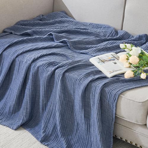 EMME Cotton Muslin Throw Blanket for Couch Breathable Gauze Soft Lightweight Blankets for Adults (Heather Navy, 50"x60") - color: 02 - Navy, size: Throw (50" X 60")