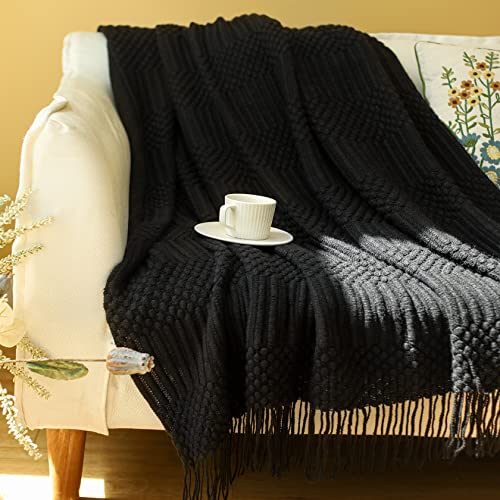 Blagic Knitted Throw Blanket for Couch, Bed and Sofa. Super Soft Blanket with Tassels, Black Throw Blanket, 50 x 60 Inches Lightweight & Cosy Home Decor - color: F-black, size: 50 × 60 in